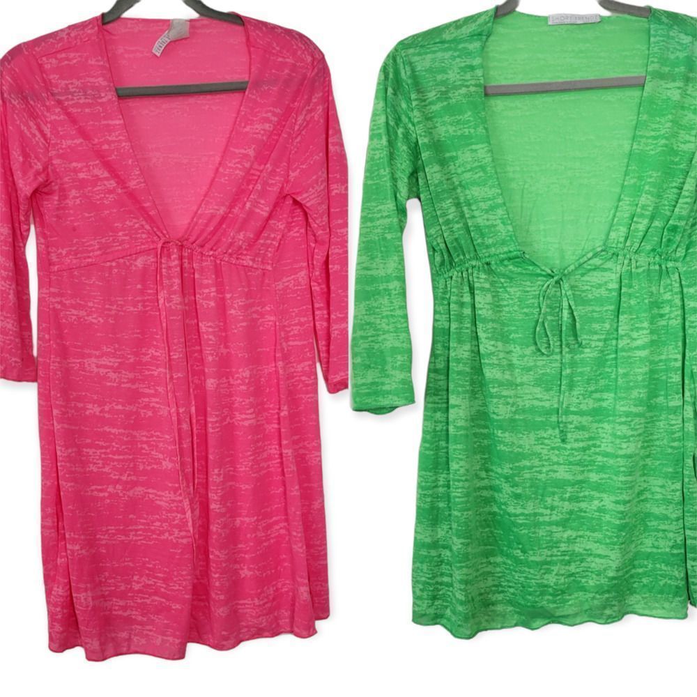 Shoretrendz 2Pk Pink/Green Poly Cotton Blend Swim Cover up Top One Size XS-M